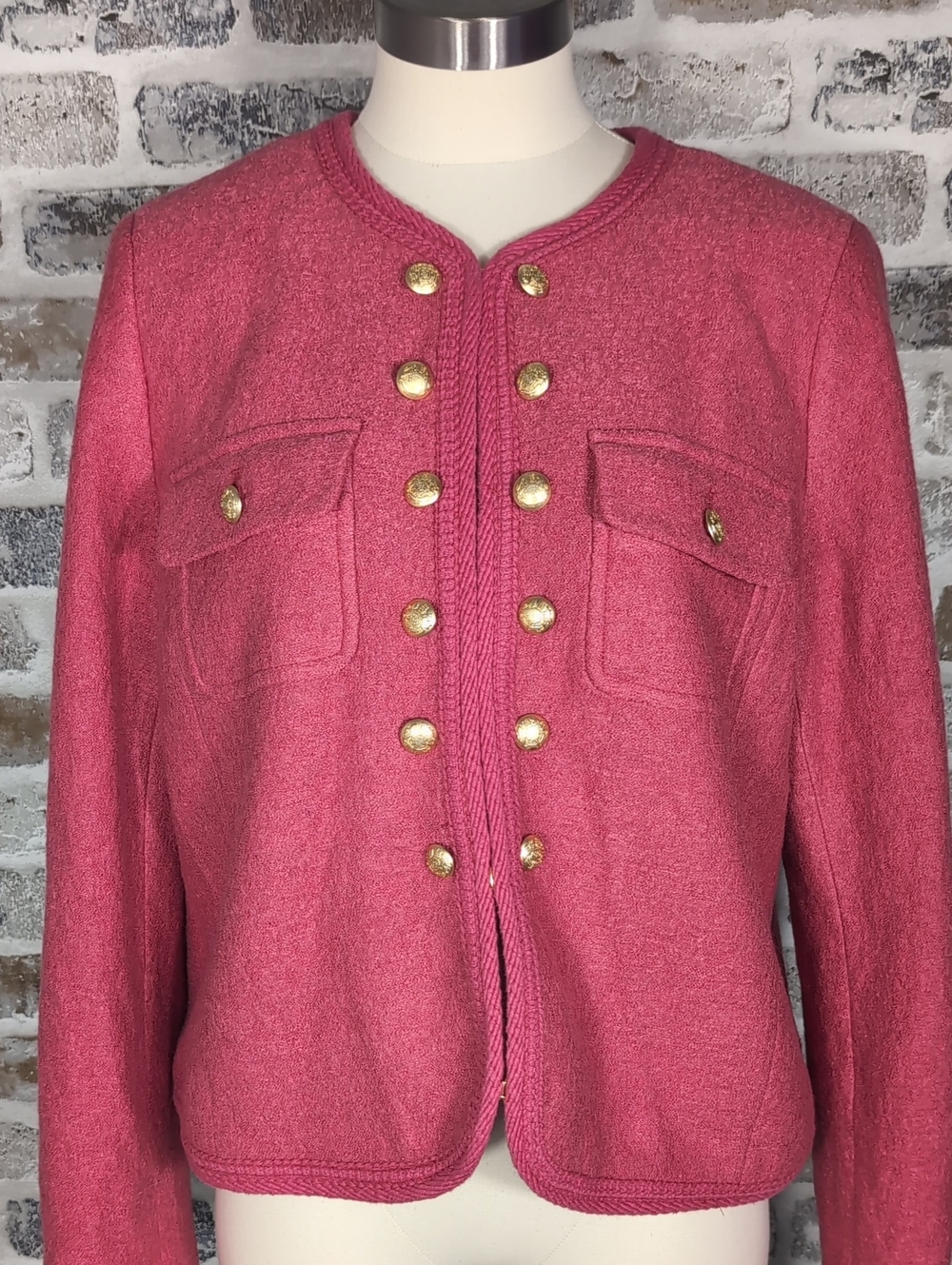 Talbots Pink/Coral Wool Blend Gold-Button Collarless Jacket, Sz.14.